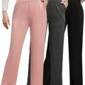 3 Pack Plus Size Sports Pants, Women's Plus Solid High Rise Medium Stretch Wide Leg Trousers With Pockets 3 Piece Set