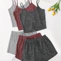 6 Pack Plus Size Basic Pajama Set, Women's Plus Solid Ribbed Knit Round Neck Cami Top & Shorts Lounge 6 Piece Set