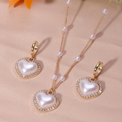 TEMU Heart Shape Faux Pearls Jewelry Set With Pendant Necklace & Drop Earrings Inlaid Shiny Rhinestones Elegant Jewelry Set