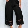 Plus Size Elegant Pants, Women's Plus Solid Scallop Trim Elastic High Rise Slight Stretch Wide Leg Crop Trousers With Pockets