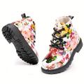 Wzruisen Trendy Flower Print Plus Fleece Snow Boots For Girls Kids, Comfortable Non Slip Lace Up Boots For Indoor Outdoor Travel, Autumn And Winter