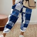 Plus Size Casual Pants, Women's Plus Plaid Print Elastic High Rise Straight Leg Trousers With Pockets