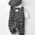 Gentleman Style Baby Boys Cotton Outfit - Lapel Button Down Bow Plaid Fake Two-piece Vest Romper + Plaid Pants + Hat 3pcs Suit - Birthday Party Wedding Dress Up