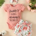 "3pcs Newborn Infant Short Sleeves Romper Lace Splicing ""mommy's World"" Graphic Round Neck Bodysuit Onesies & Bow Floral Shorts & Headband Set For Baby Girls Toddler Summer Clothes"