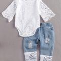 Baby Girl's Stylish Clothes Set, Lace Ruffle Romper & Flared Denim Jeans & Headband 3pcs Newborn Infant Outfits, Coquette Style