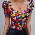 Floral Print Square Neck T-shirt, Elegant Puff Sleeve T-shirt For Every Day, Women's Clothing