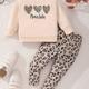 2pcs Little Baby Girls Cute Cartoon Heart Leopard Print Long Sleeve Casual Sweatshirt + Leopard Print Pants Clothes Set