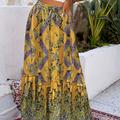 Paisley Print Drawstring Skirts, Boho Pleated Summer Maxi Skirts, Women's Clothing