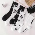 6 Pairs Butterfly Print Socks, Casual Black & White Mid Tube Socks, Women's Stockings & Hosiery