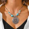 Vintage Bohemian 925 Silver Plated Natural Turquoise Hollow Carved Alloy Pendant For Women Daily Casual Vacation Wear Necklace Holiday Gift Jewelry