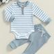 Baby Boys Striped Snap Up Long Sleeve Romper Top Trousers Casual Set