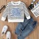 2pcs Infant Baby Boy Cute Striped Elephant Pattern Long Sleeve Top & Denim Trousers Set For Spring And Autumn