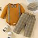 Popular Gentleman Style Striped Fake Strap Long Sleeve Romper + Plaid Trousers + Small Top Hat Baby Boys 3pcs Set