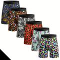Men's Fashion Graphic Long Boxer Briefs Shorts, Breathable Comfy High Stretch Long Boxer Trunks, Sports Shorts, Men's Novelty Underwear