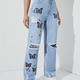 Bleach Wash Ripped Detail Butterfly Jeans, Star Print Distressed High Rise Mom Jeans, Women's Denim Jeans & Clothing