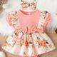 2pcs Newborn Infant Dress Splicing Romper Ruffle Flowers Print Short Sleeve Crew Neck Bodysuit Onesies & Bow Headband Set For Baby Girls Toddler Clothes