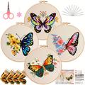 Set (4pcs) Embroidery Kit, Butterflies And Flowers, Include 1 Embroidery Hoop 7.9 Inch