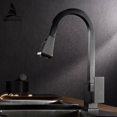 Kitchen Faucets Silver Pull Out Tap Single Hole Handle Solid Brass Black Swivel 360 Degree Water