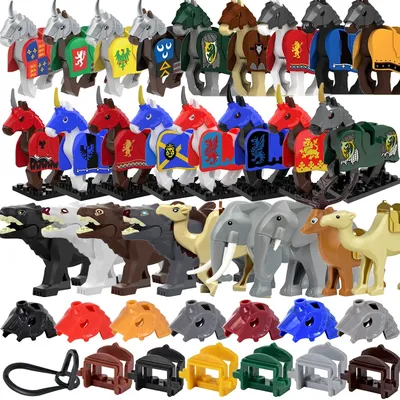 MOC City Medieval Military War Horse Building Blocks Saddle Horse Head Armor Rope Animal Wolf Mount