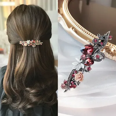 Korean Red Crystal Flower Bow Spring Hairpin Vintage Ink Blue Rhinestone Horizontal Clip Top Clip