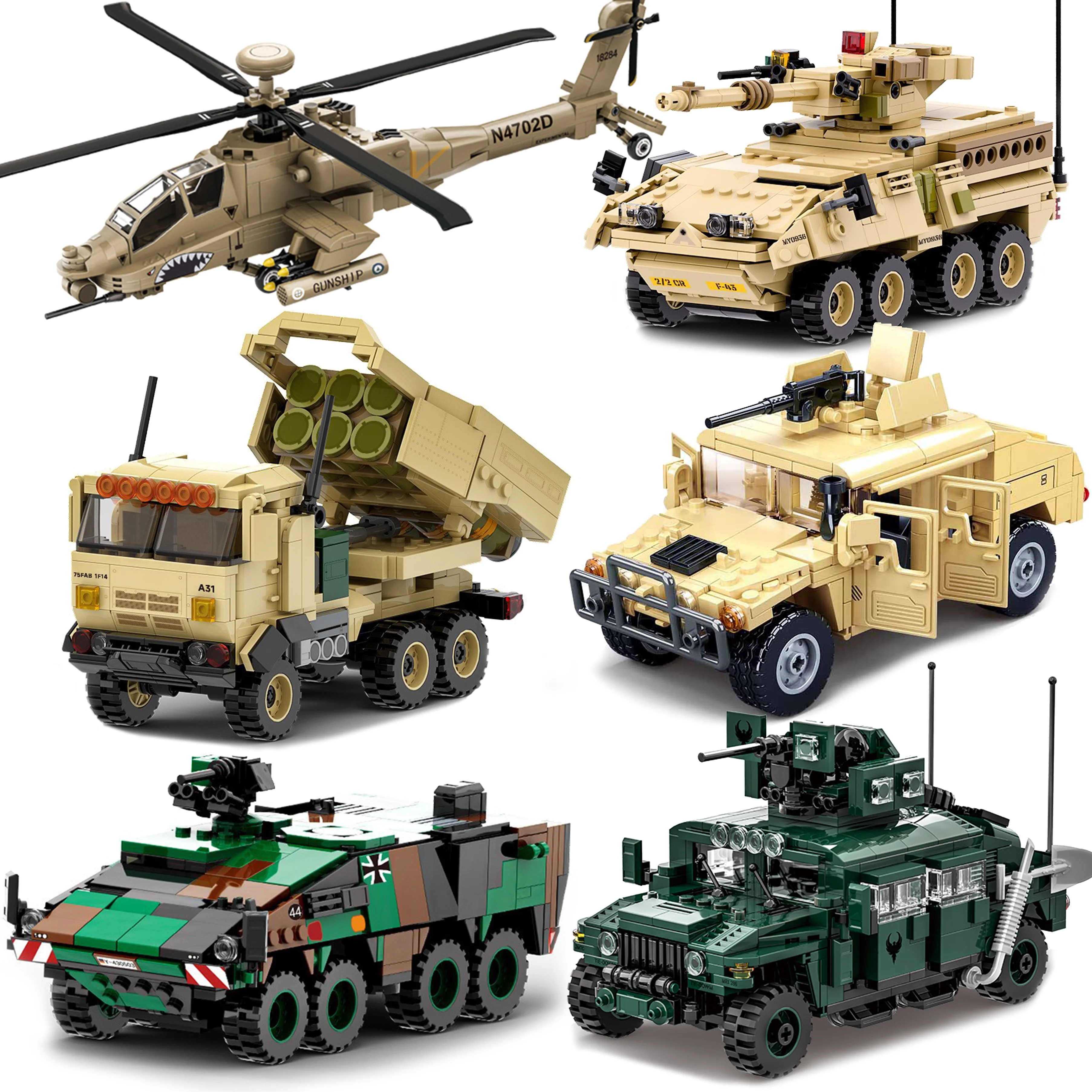 Military Armored Hummer Stryker Tank Car US Russia Army Modern War Soldier Weapon Model Building Blocks Brick Children Kids Toys