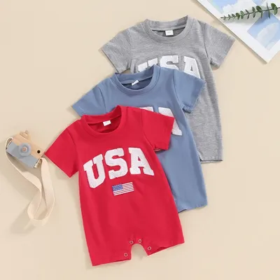 2024-03-04 Lioraitiin Summer Baby Girls Boys 4th of July Rompers Fuzzy Letter Flag Embroidery Crew