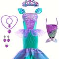 Robe De Princesse Sirène Pour Petites Filles, Déguisement De Fête D'Halloween, Tenue De Cosplay, Couronne, Collier, Bracelet, Bague Et Sac À Paillettes, Ensemble D'accessoires