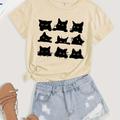 T-shirt Imprimé De Chats De Dessin Animé, Haut Décontracté À Manches Courtes Et Col Rond Pour L'été Et Le Printemps, Vêtements Pour Femmes