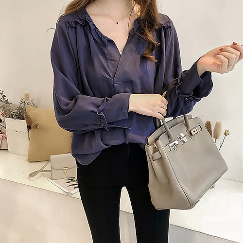 Damenbluse aus Baumwoll-Leinen-Imitat, Knopfleiste, gelb, marineblau, beige, einfarbig, sexy, Streetwear-Mode, V-Ausschnitt, normale Passform, Größe M Image