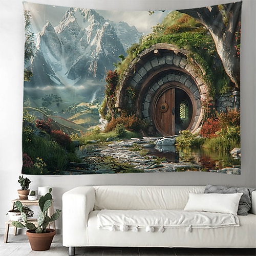 Hobbit Baumhäuser Wandteppich Wanddekoration großer Wandteppich Wanddeko Fotokulisse Decke Vorhang Home Schlafzimmer Wohnzimmer Dekoration Wandtuch XXL Natur Image