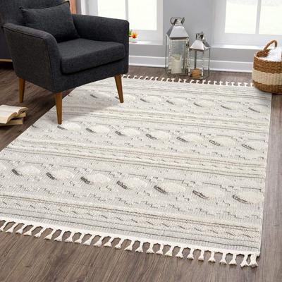 Hochflor-Teppich CARPET CITY "VALENCIA 930", beige (creme), B:200cm H:20mm L:290cm, Obermaterial: 55% Polypropylen, 45% Sisal, Teppiche, Fransenteppich, Boho-Stil, Hochtief-Muster/ 3D-Effekt, mit Fransen Image