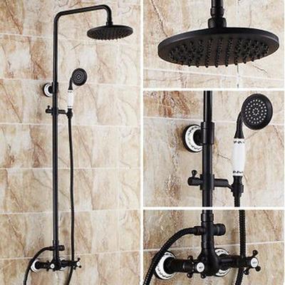 Two Handles Shower Systerm Set, Black Brass Faucet Three Holes Adjustable Electroplated Rainfall High Pressure Shower Mixer Taps with Rain Shower and Hand Shower