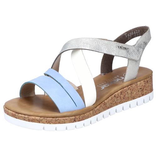 Keilsandalette RIEKER Gr. 39, blau (hellblau-offwhite-silberfarben) Damen Schuhe Plateau, Sommerschuh, Riemchensandale mit Metallic, G-Weite