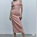 Zara Dresses | New Zara Top Stitched Off The Shoulder Fitted Midi Dress Rose Pink Size M | Color: Pink | Size: M