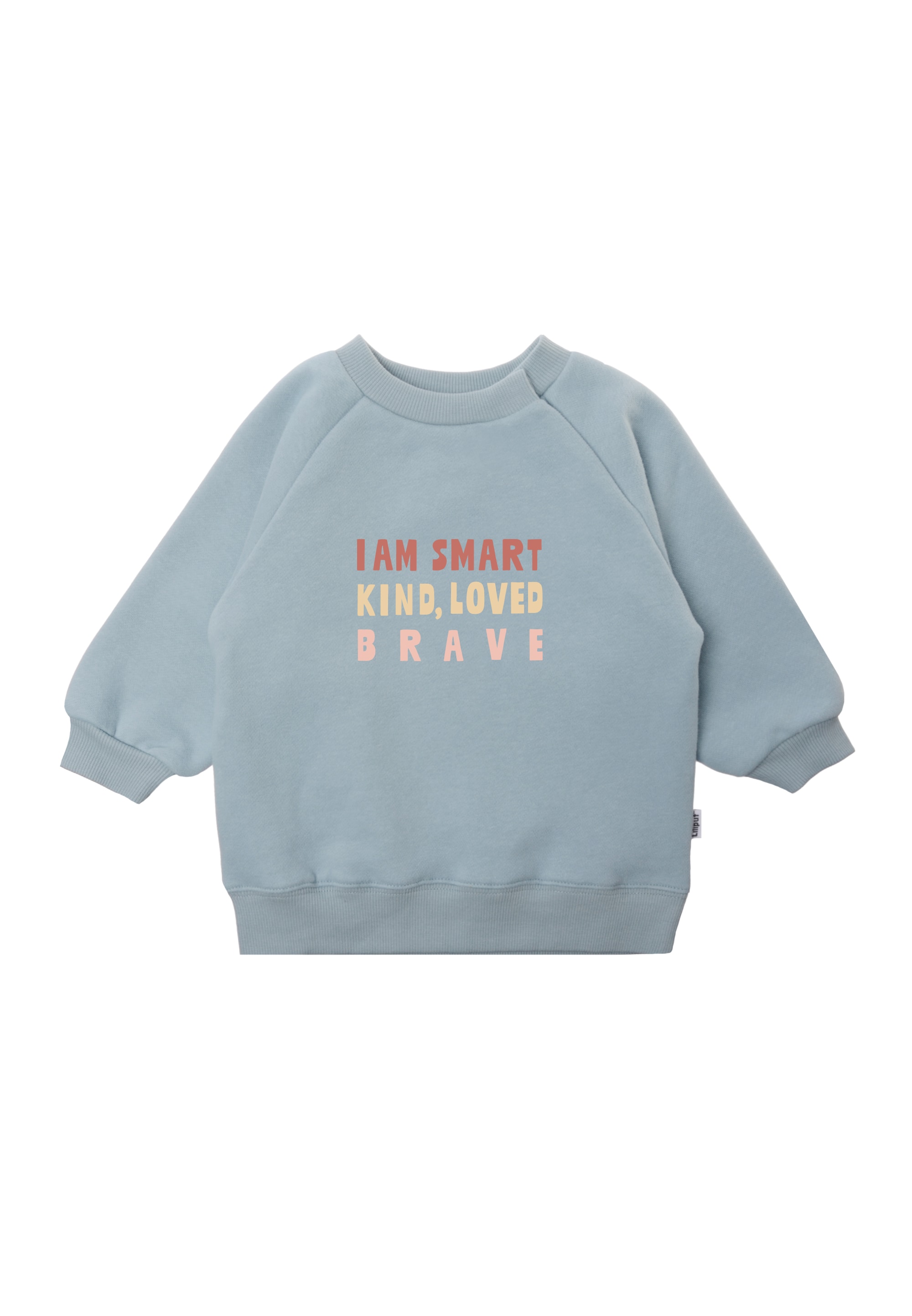 Sweatshirt LILIPUT "i am smart, kind loved, brave", Mädchen, Gr. 110/116, blau (hellblau), 80% Baumwolle, 20% Polyester, bedruckt, normal, Rundhals, Sweatshirts Sweatshirt, mit aussagekräftigem Statementprint