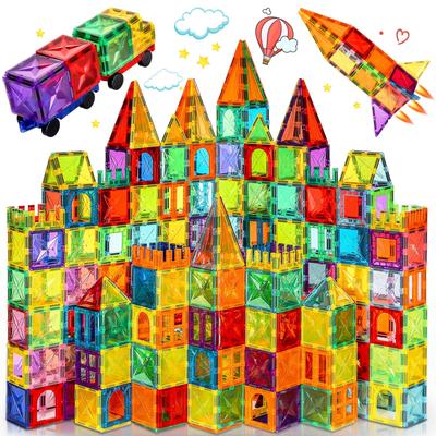 120Pcs Magnetic Tiles with 2 Cars Toy Set, Diamond Magnet Tiles 3D Building Blocks, Toddler Montessori Toys for 3 4 5 6 Years