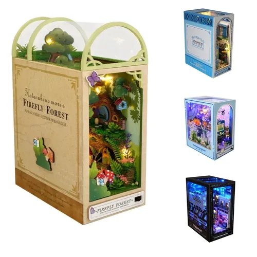 DIY Buch Ecke Kit 3D Holz Puzzle Bücherregal Einsatz Dekor mit LED-Licht Mini Puppenhaus Modell Kit