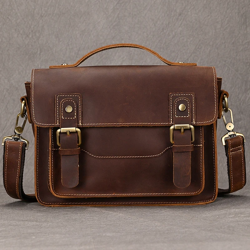 Borsa a tracolla in pelle Crazy Horse da uomo vintage Borsa a tracolla piccola con patta marrone Borsa a tracolla in vera pelle Borsa per fotocamera regalo in pelle di mucca