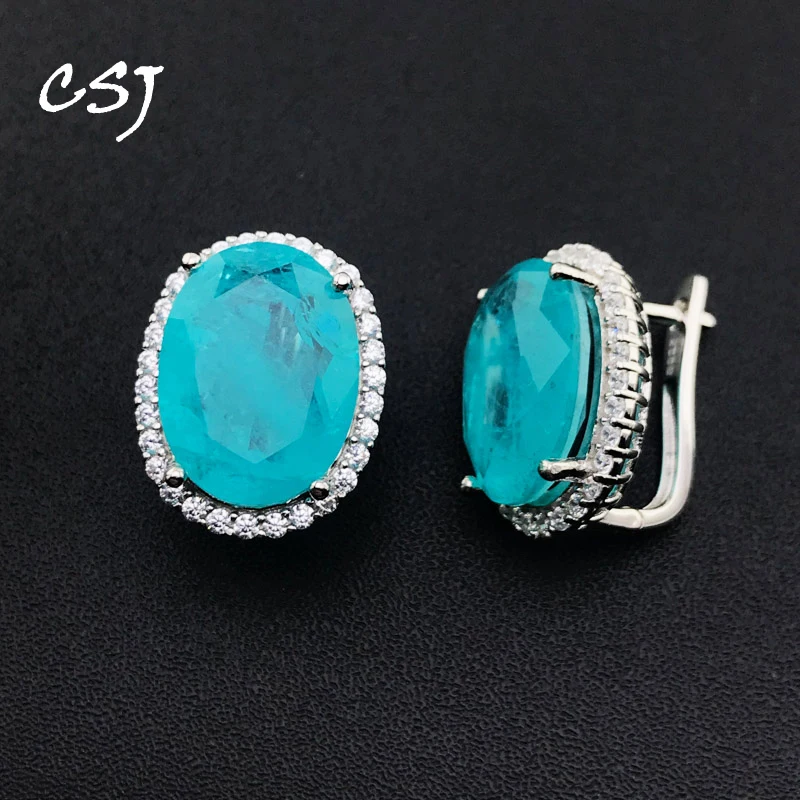 CSJ Elegante Paraiba Turmalin Ohrringe Solide 925 Sterling Silber Große Edelstein 12*16mm für Frauen Edlen Schmuck Party hochzeit Geschenk