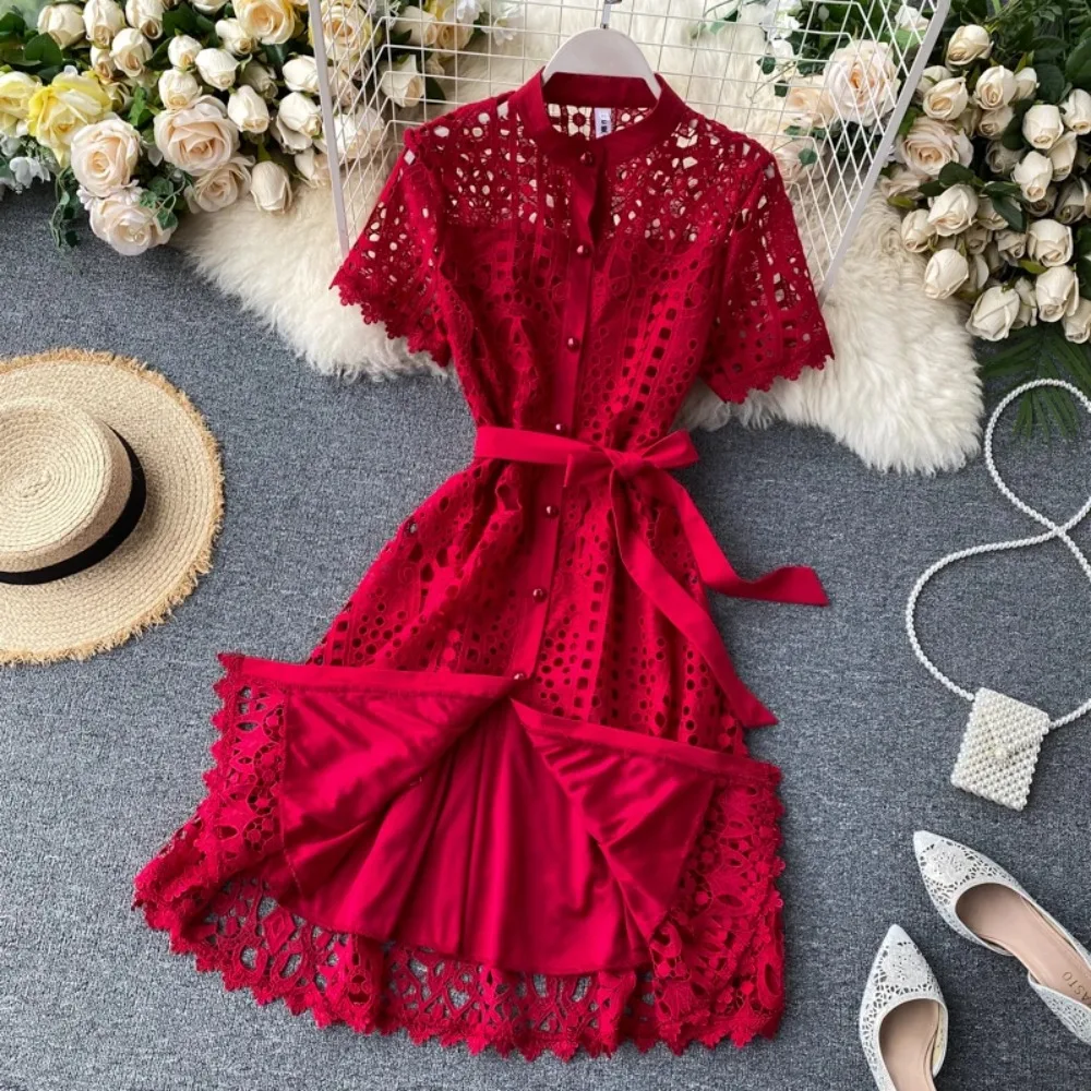Französisch Vintage Spitze O-Ausschnitt aushöhlen Bandagen kurze Ärmel Kleid lässig Frauen Mode Frühling/Sommer Vestidos Kleid Image