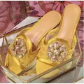 Giallo blu pizzo Peep Toe cristallo strass floreale pantofole piatte donna estate Slip On Mesh