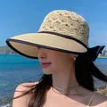 Chapeau de soleil en paille pour femmes queue de cheval visière à large bord casquette d'été