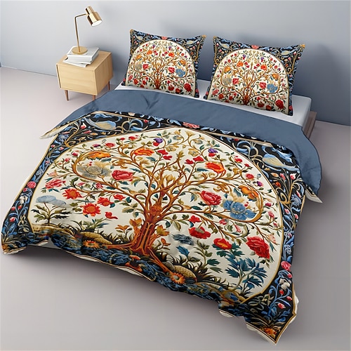 Mittelalterliches Bettbezug-Set mit Baum-des-Leben-Muster, weiches 3-teiliges Luxus-Baumwoll-Bettwäsche-Set, Heimdekoration, Geschenk, King-Size-Bettbezug Image