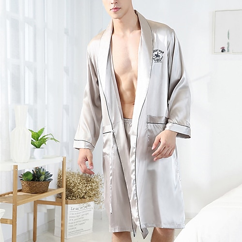 Herren Schlafanzug Seidenrobe Schlafanzüge Schlafanzug Set 1 Set Glatt Modisch Stilvoll Klassisch Heim Täglich Bett Polyester Komfort Weich Kargen Langarm Kurze Hosen Sommer Wein Marineblau Image