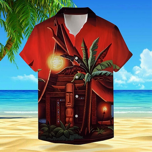 Herren Kokosnussbaum Tropisch Tropische Pflanzen Hemd Hawaiihemd Sommerhemd Aloha-Shirt Kurzarm Hemd Umlegekragen Urlaub Hawaiianisch Outdoor Urlaub Hawaiianisch Rote Orange S M L Image