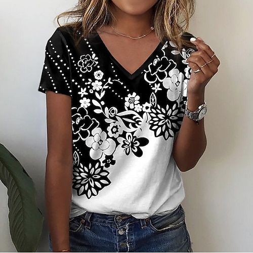 Damen T Shirt Druck Blumen Mode Kurzarm V Ausschnitt Normale Oberteile Urlaub Wochenende Blau Weiß Rosa Purpur Grün Sommer Image