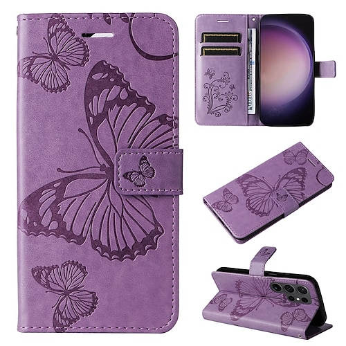 Handy Hülle Handyhüllen Für Samsung Galaxy S26 Ultra Plus S25 S24 S23 S22 S23 FE S21 Ultra Plus S20 A55 5G A35 5G Brieftaschenhülle Magnetisch Vollschutz Mit Handgelenkschlaufe Schmetterling TPU Image