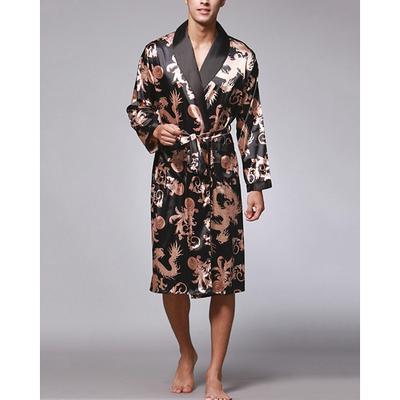 Men's Pajamas Silk Robe Sleepwear Bath Gown Dragon Plain Fashion Stylish Classic Home Daily Bed Polyester Comfort Soft V Neck Long Sleeve Belt Included Summer Spring Black Wine