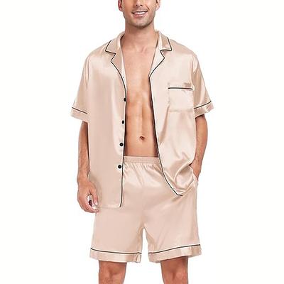 Men's Sleepwear Pajama Set Pajama Top and Shorts 1 set Plain Fashion Stylish Classic Home Daily Bed Polyester Comfort Breathable Soft Lapel Short Sleeve Shirt Shorts Button Elastic Waist Summer Black