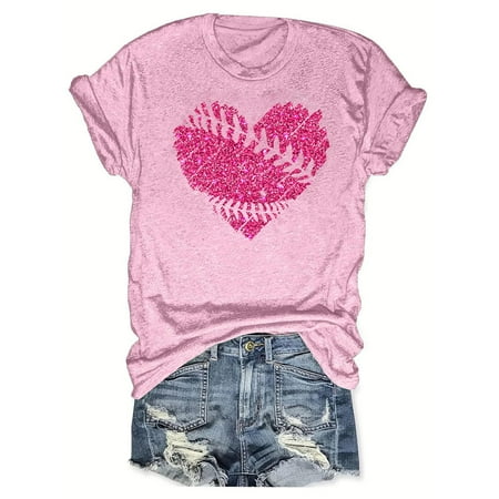 Women s Round Neck Blouse Dressy Casual Tops Basic Tees for Sports Fashion 2024 Short Sleeve Loose Fit Flowy Tunic Tops Baseball Graphic Tops Summer Clothes for Teen Girls Vintage Pink T Shirts L